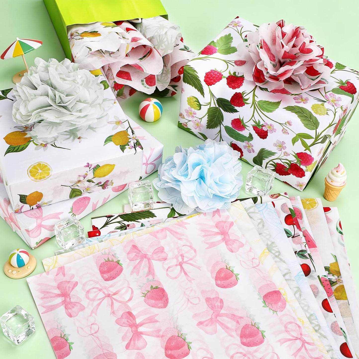 100 Sheets Fruit Themed Tissue Paper Bulk, 10 Fruit Styles Summer Fruit Paper for Hawaiian DIY Crafts, Summer Fruit-Themed Birthday Baby Shower Party Supplies, 20 x 14 (A)
