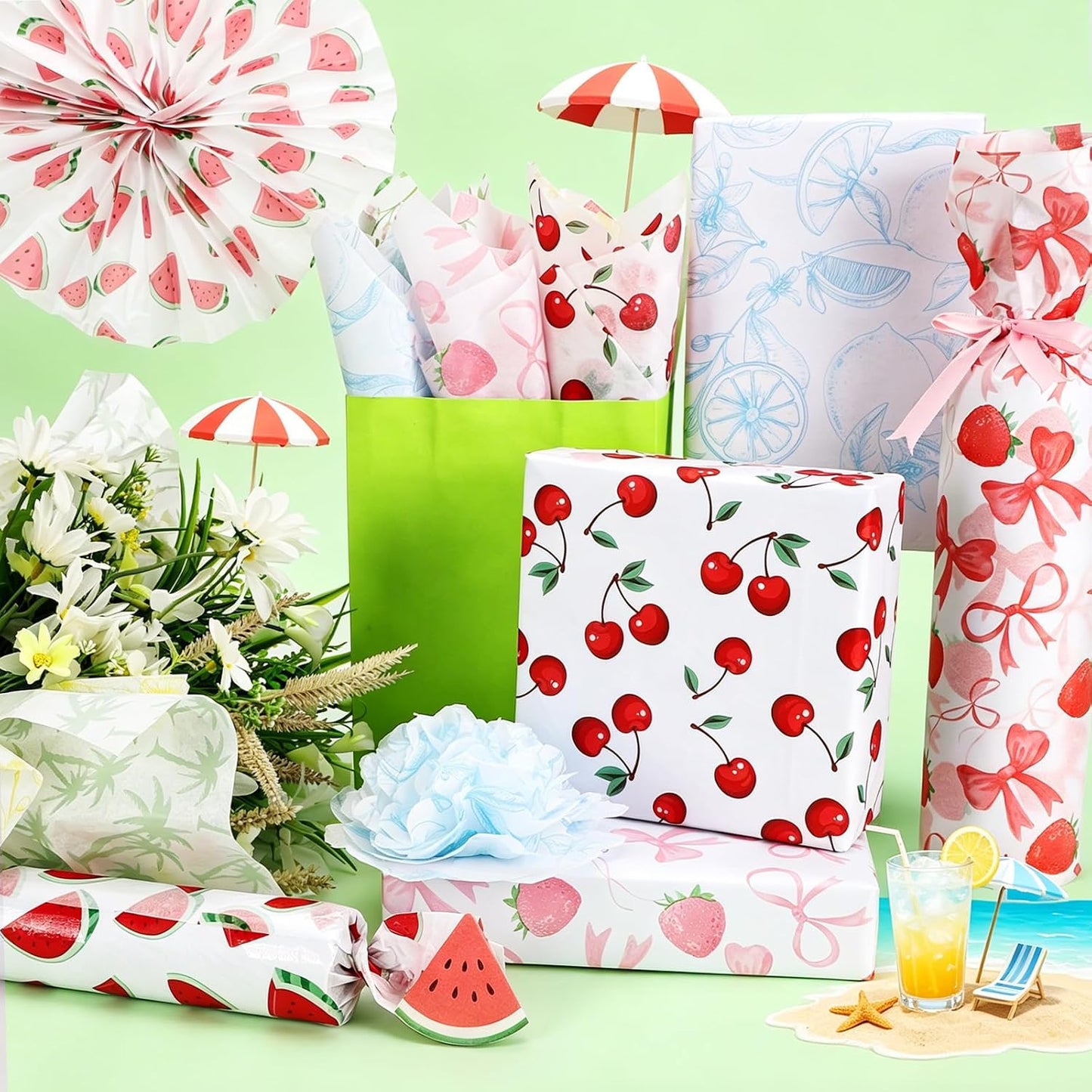100 Sheets Fruit Themed Tissue Paper Bulk, 10 Fruit Styles Summer Fruit Paper for Hawaiian DIY Crafts, Summer Fruit-Themed Birthday Baby Shower Party Supplies, 20 x 14 (A)