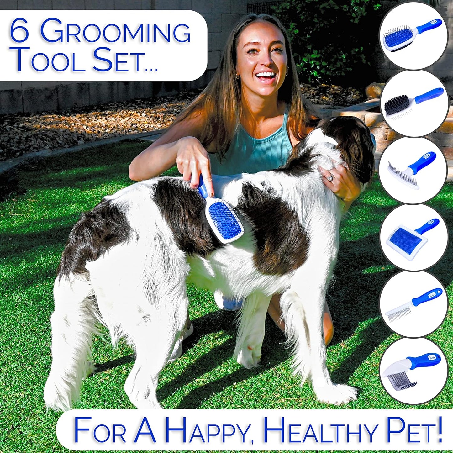 6 In 1 Premium Dog Brush Set - Dog Grooming Brushes - Ball Pin & Bristle Brush, Curved Blade Dematting Comb, Slicker Brush, Deshedding Edge Comb, Detangling Pet Comb
