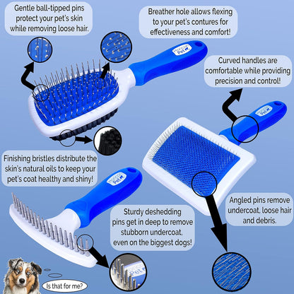 6 In 1 Premium Dog Brush Set - Dog Grooming Brushes - Ball Pin & Bristle Brush, Curved Blade Dematting Comb, Slicker Brush, Deshedding Edge Comb, Detangling Pet Comb
