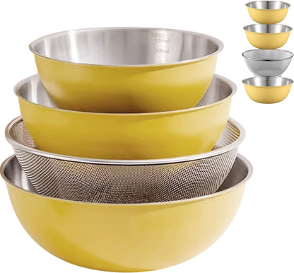 Stainless Steel Mixing Bowls and Colander Set Mixing Bowls with Scale Salad Bowl with Colander Fine Mesh Strainer Basket Baking Bowl Set Cooking Scale Bowl for Kitchen Decoration Yellow