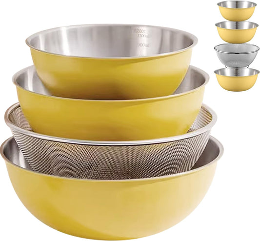 Stainless Steel Mixing Bowls and Colander Set Mixing Bowls with Scale Salad Bowl with Colander Fine Mesh Strainer Basket Baking Bowl Set Cooking Scale Bowl for Kitchen Decoration Yellow