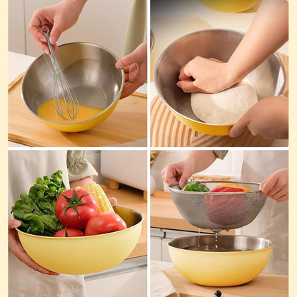 Stainless Steel Mixing Bowls and Colander Set Mixing Bowls with Scale Salad Bowl with Colander Fine Mesh Strainer Basket Baking Bowl Set Cooking Scale Bowl for Kitchen Decoration Yellow
