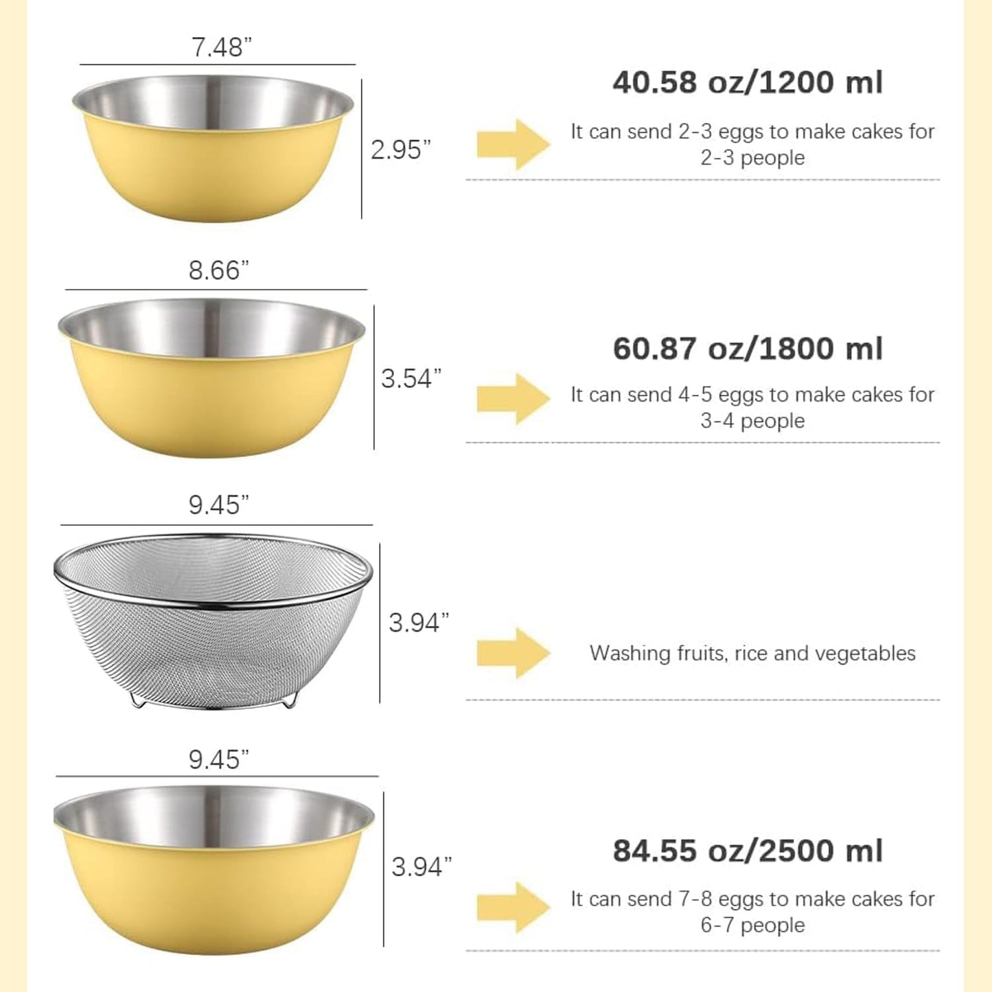 Stainless Steel Mixing Bowls and Colander Set Mixing Bowls with Scale Salad Bowl with Colander Fine Mesh Strainer Basket Baking Bowl Set Cooking Scale Bowl for Kitchen Decoration Yellow
