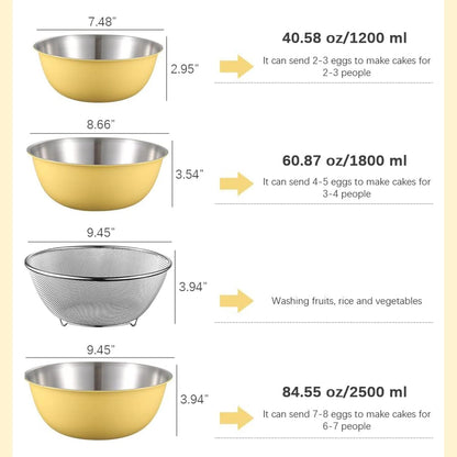 Stainless Steel Mixing Bowls and Colander Set Mixing Bowls with Scale Salad Bowl with Colander Fine Mesh Strainer Basket Baking Bowl Set Cooking Scale Bowl for Kitchen Decoration Yellow