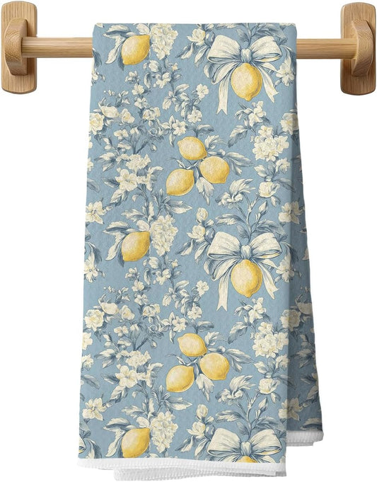 Coquette Bow Floral Lemon Kitchen Towels Decorative 16x24 in, Vintage French Country Cottagecore Lemon Hand Towels for Bathroom, Blue Chinoiserie Dishtowels for Kitchen