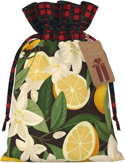 Tropical Yellow Lemon Christmas Gift Bags with Drawstring, Reusable Gift Wrapping Bags For Xmas Holiday
