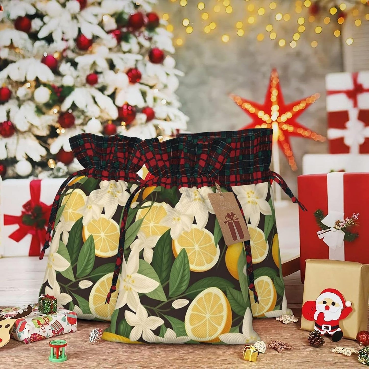 Tropical Yellow Lemon Christmas Gift Bags with Drawstring, Reusable Gift Wrapping Bags For Xmas Holiday