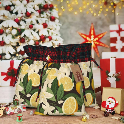 Tropical Yellow Lemon Christmas Gift Bags with Drawstring, Reusable Gift Wrapping Bags For Xmas Holiday
