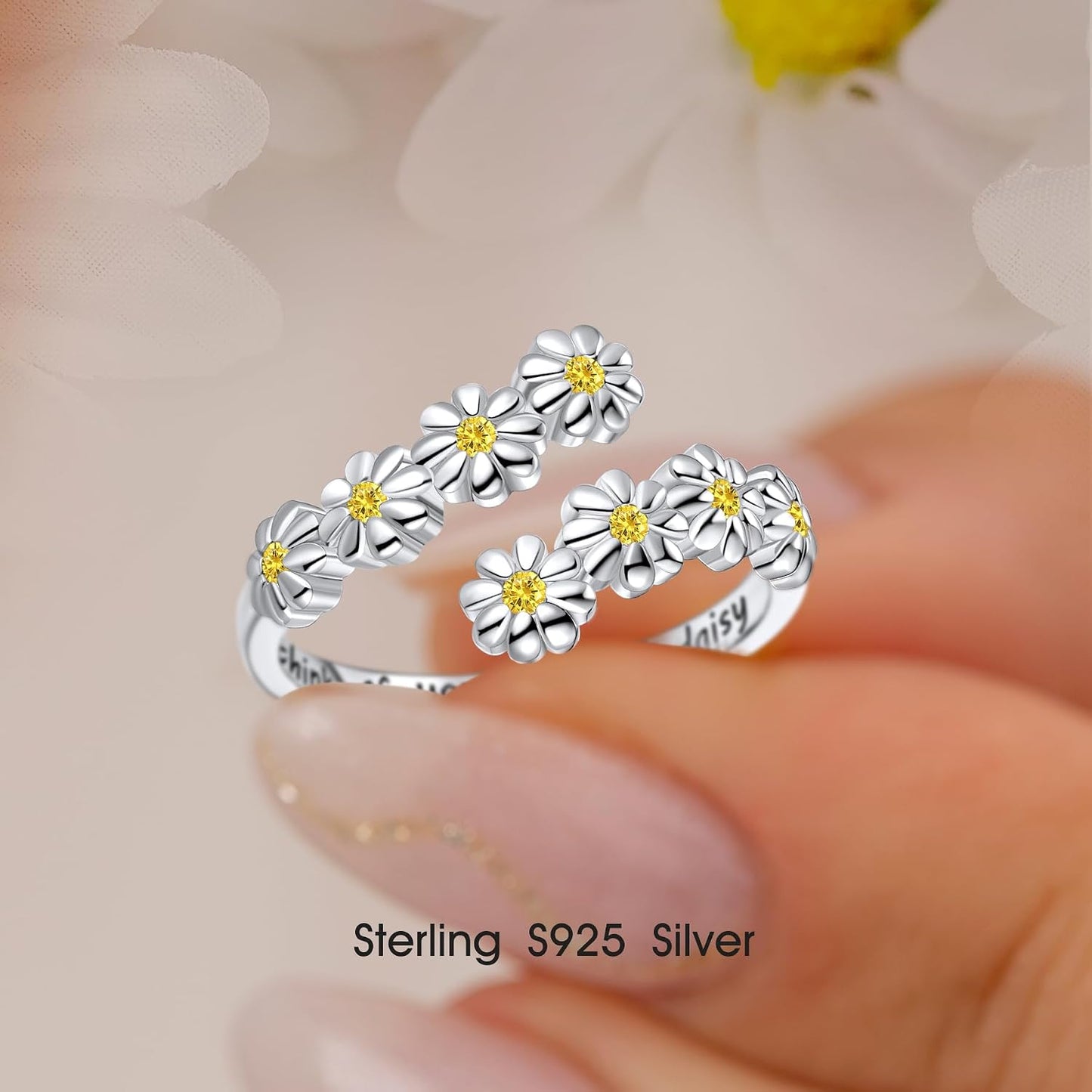 Dainty Birthstone Daisy Sunflower Ring For Women, Sterling S925 Silver Birth Flower Ring, Ring for Mom Mother Daughter