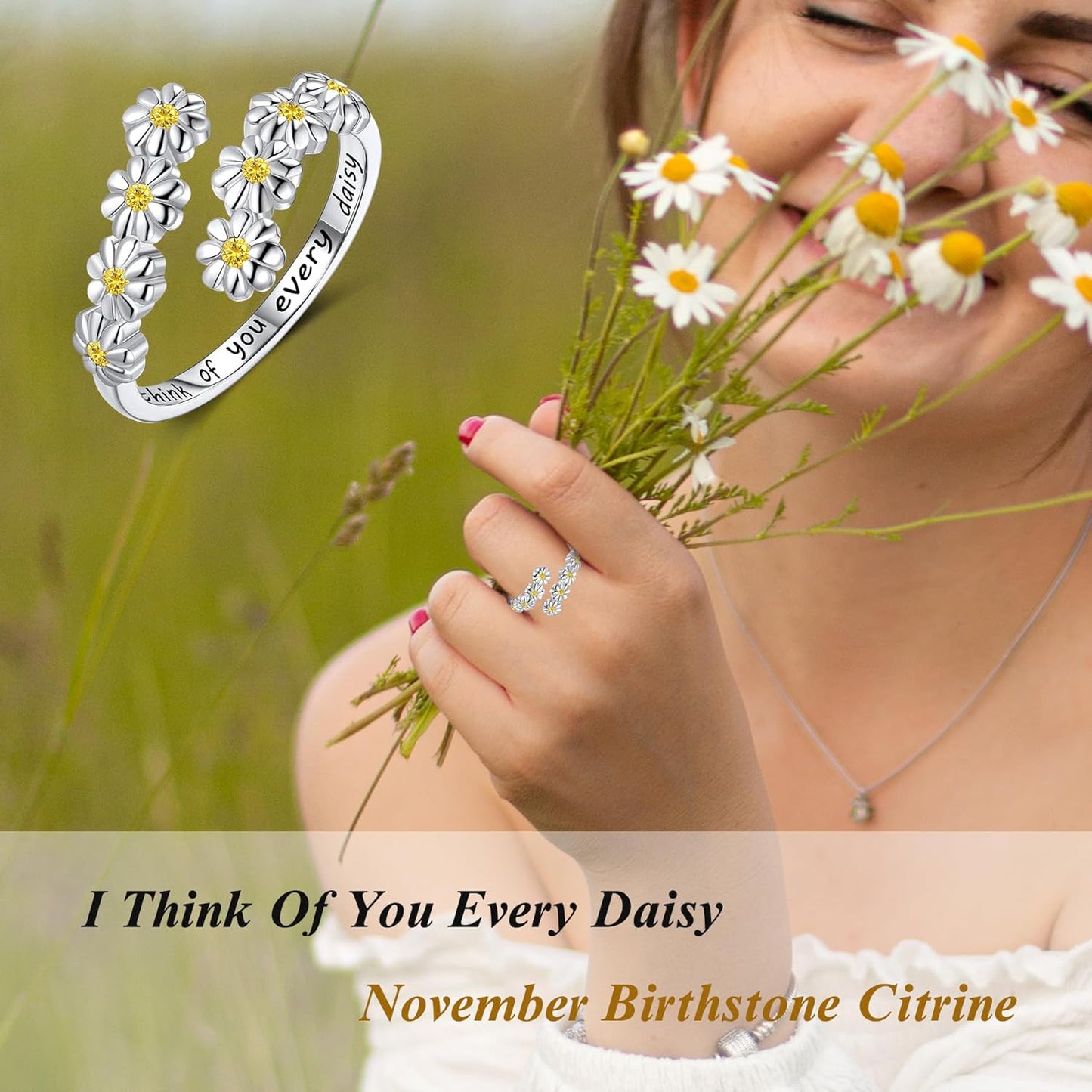 Dainty Birthstone Daisy Sunflower Ring For Women, Sterling S925 Silver Birth Flower Ring, Ring for Mom Mother Daughter