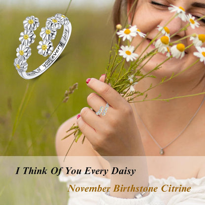 Dainty Birthstone Daisy Sunflower Ring For Women, Sterling S925 Silver Birth Flower Ring, Ring for Mom Mother Daughter
