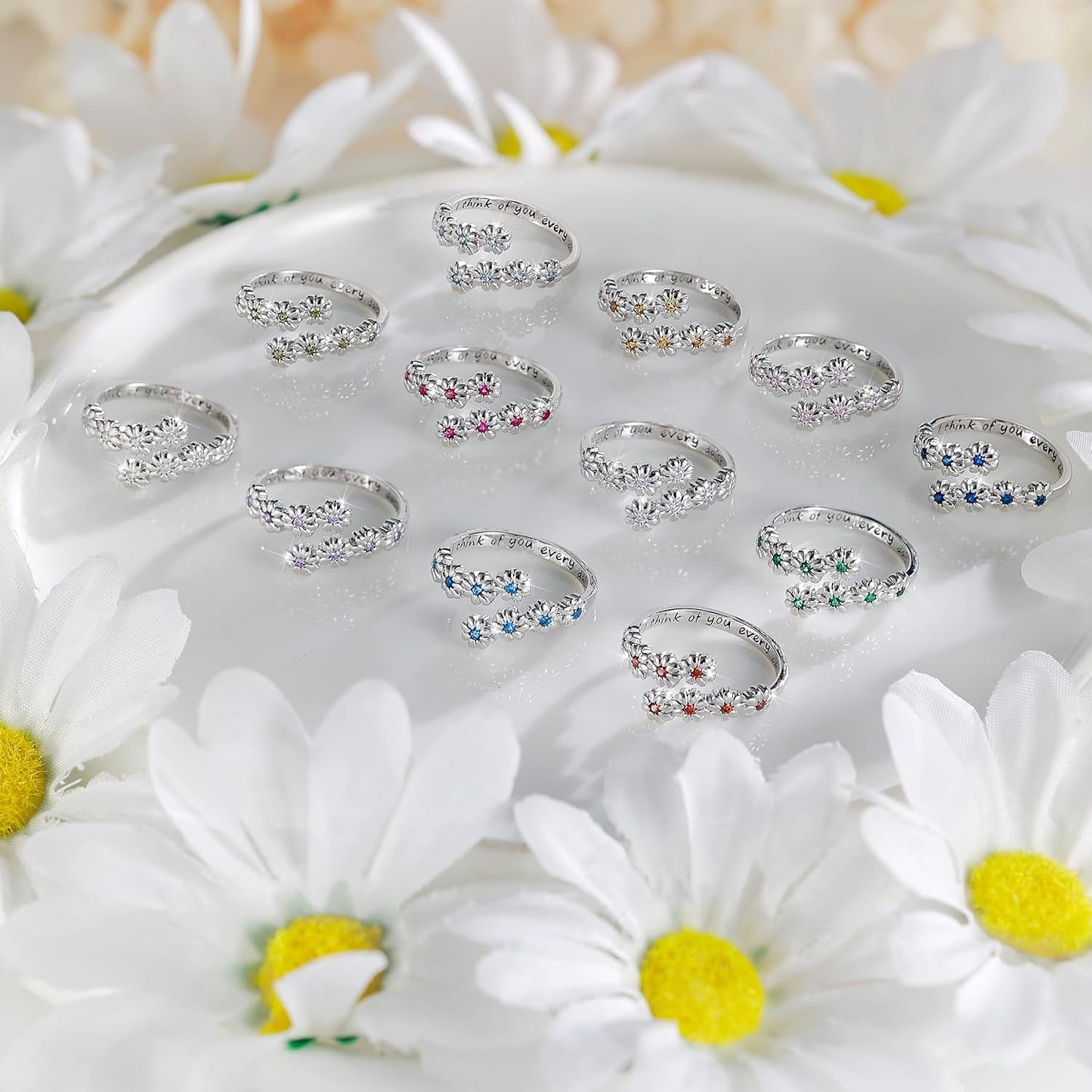 Dainty Birthstone Daisy Sunflower Ring For Women, Sterling S925 Silver Birth Flower Ring, Ring for Mom Mother Daughter