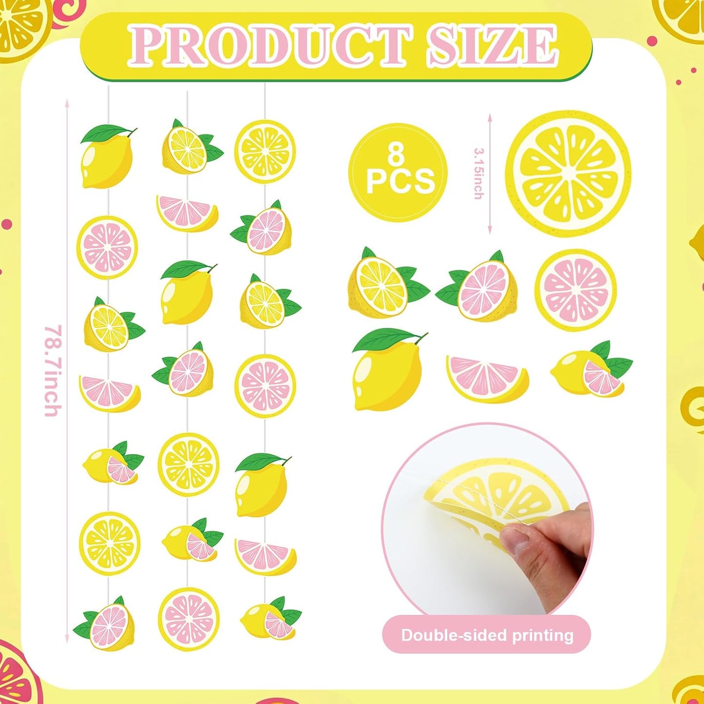 8 Pcs Lemon Party Banners Pink Lemon Paper Garland Birthday Party Decorations for Wedding Birthday Baby Shower Bridal Summer Fruit Decorations