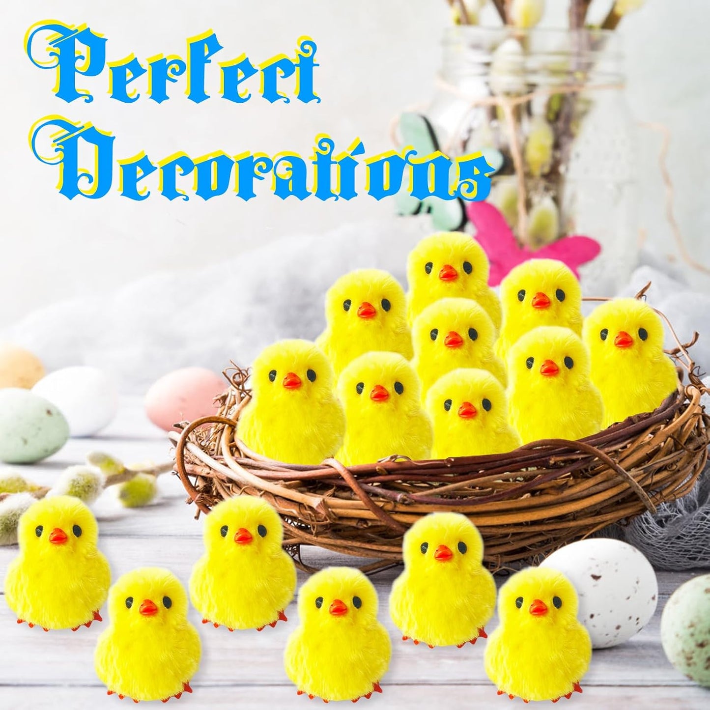 24 PCS Easter Fluffy Chicks,3.4 Inch Yellow Soft Plush Chicks Figurines,Realistic Plush Farm Chick Mini Ornaments Stuffed Animal for Easter,Party Favors,Gift Bag Filler