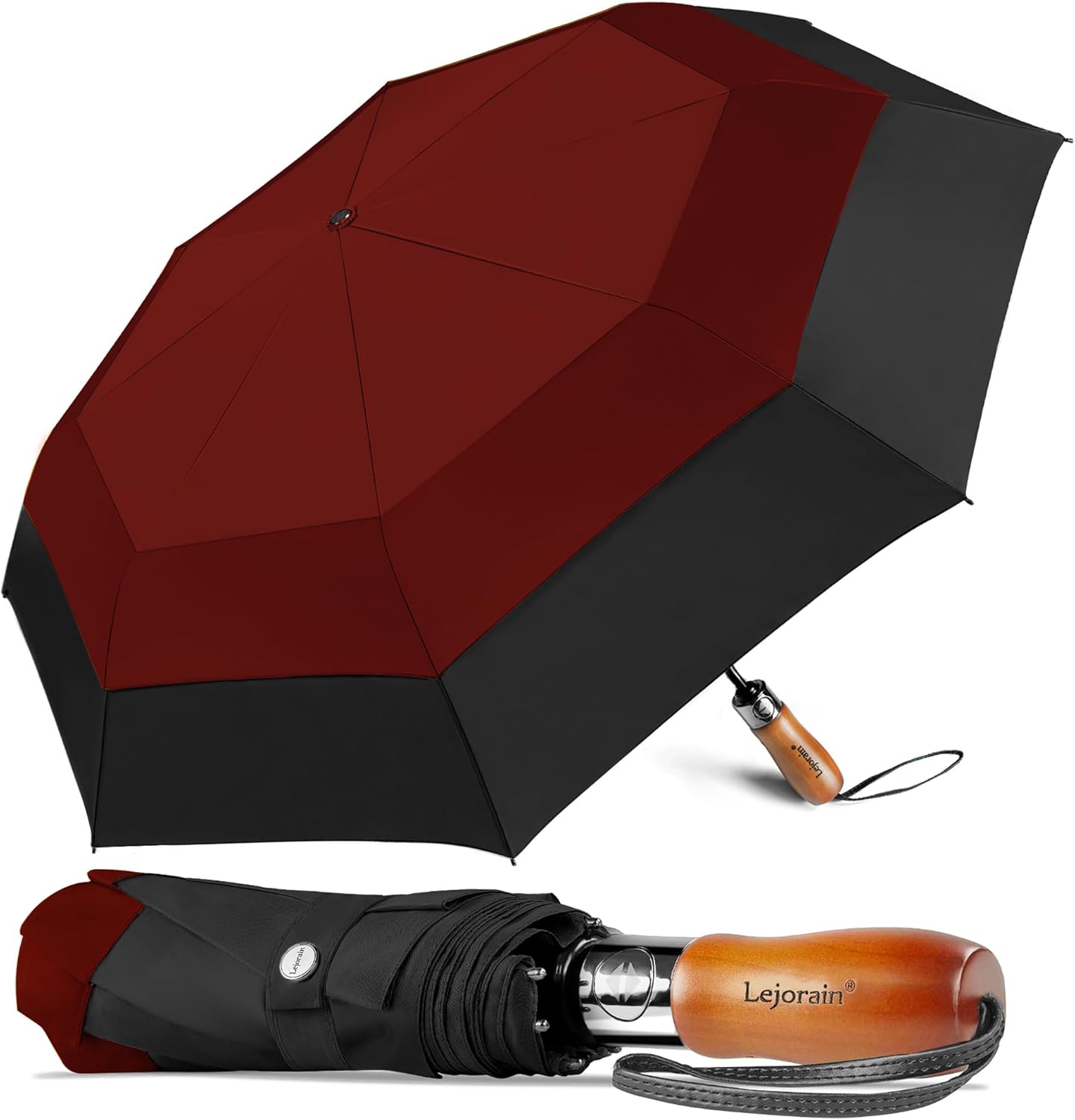 54 Inch Large Folding Golf Umbrella Windproof Portable Automatic Open Close | Wind Resistant Vented Double Canopy, One-Touch Open Close, Wood Handle, Waterproof 210T, for Men Women Travel & Rain.