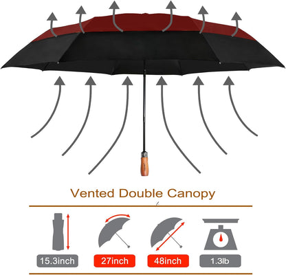 54 Inch Large Folding Golf Umbrella Windproof Portable Automatic Open Close | Wind Resistant Vented Double Canopy, One-Touch Open Close, Wood Handle, Waterproof 210T, for Men Women Travel & Rain.