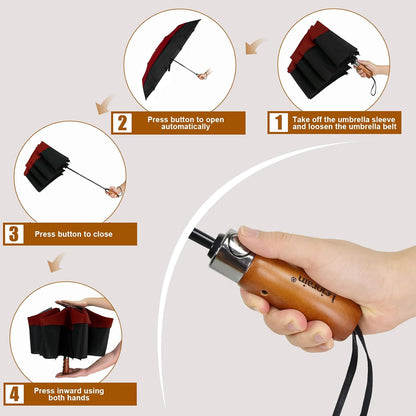 54 Inch Large Folding Golf Umbrella Windproof Portable Automatic Open Close | Wind Resistant Vented Double Canopy, One-Touch Open Close, Wood Handle, Waterproof 210T, for Men Women Travel & Rain.