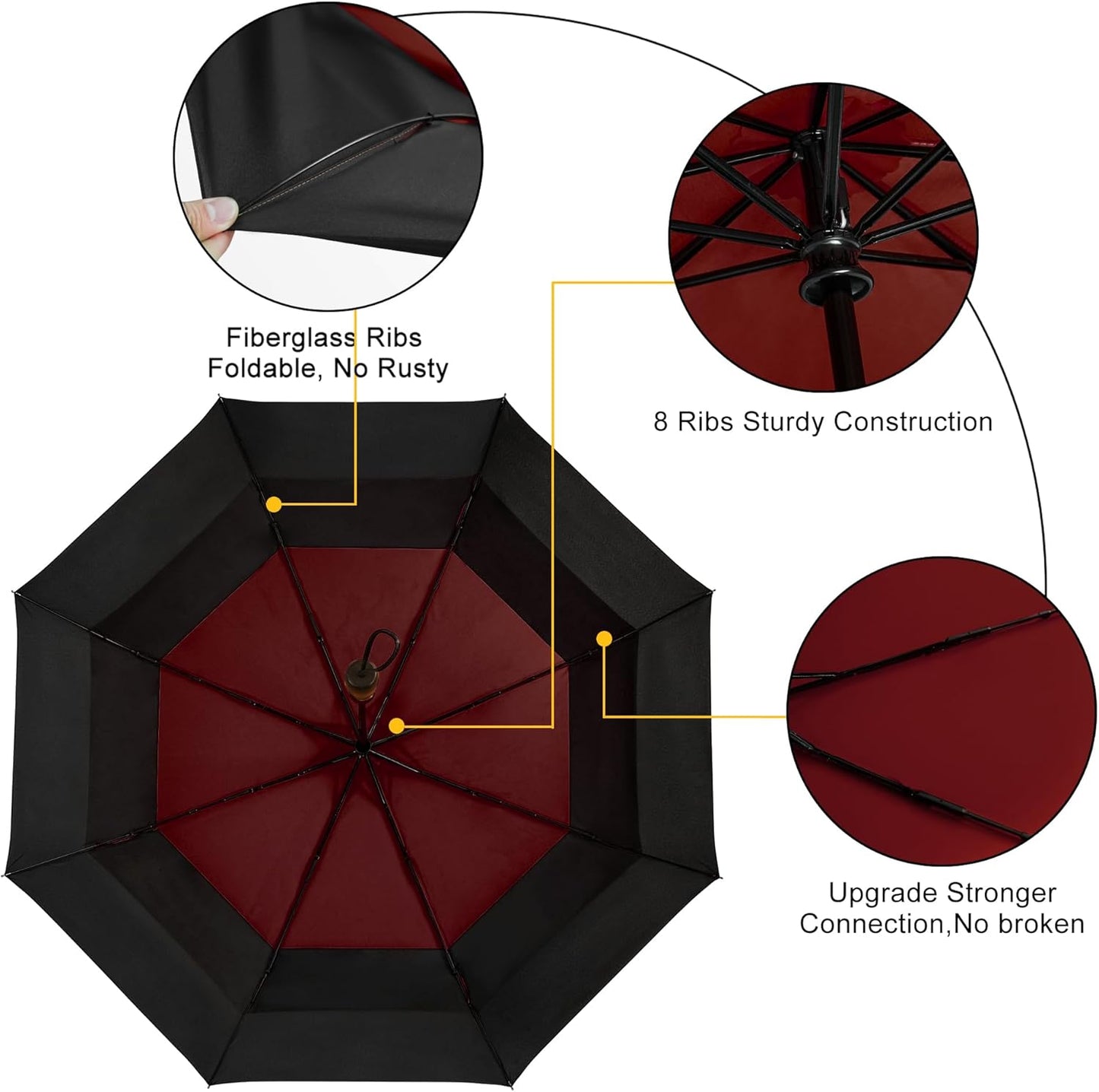 54 Inch Large Folding Golf Umbrella Windproof Portable Automatic Open Close | Wind Resistant Vented Double Canopy, One-Touch Open Close, Wood Handle, Waterproof 210T, for Men Women Travel & Rain.