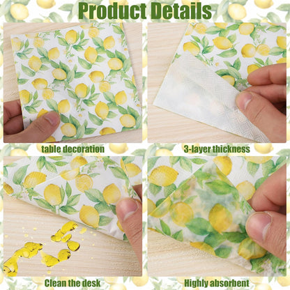 50 PCS Lemon Cocktail Napkins Yellow Citrus Paper Napkin 3-Ply Summer Fruit Disposable Napkins Lemon Dinner Hand Towels for Kitchen Bathroom Summer Beverage Party Supplies