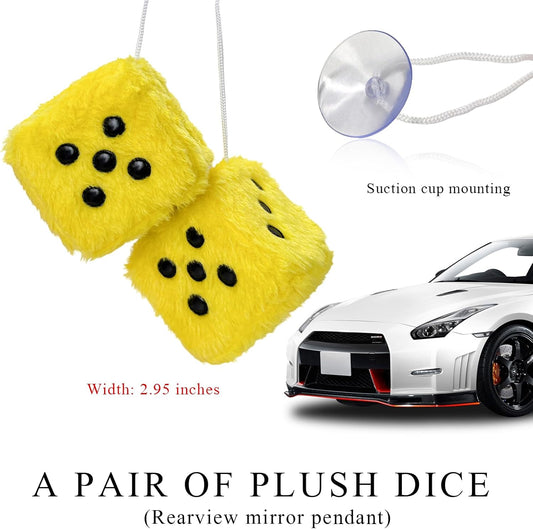2PCS Fuzzy Plush Dice with Dots, 3 Inch Square Pair of Retro Rear View Mirror Hanging Ornament, Classic Vintage Soft Dice Pendant Auto Interior Mirror Decor, Car Accessories (Yellow)