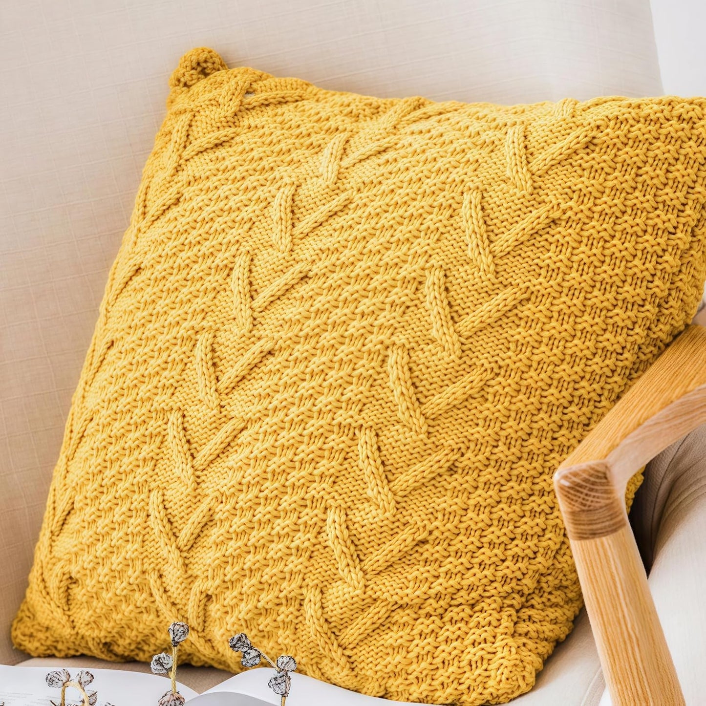 Decorative Cotton Knitted Pillow Case Double-Cable Warm Throw Pillow Cover for Bed Couch,Home Accent Decor 18" X 18"(Light Yellow,Cover Only)