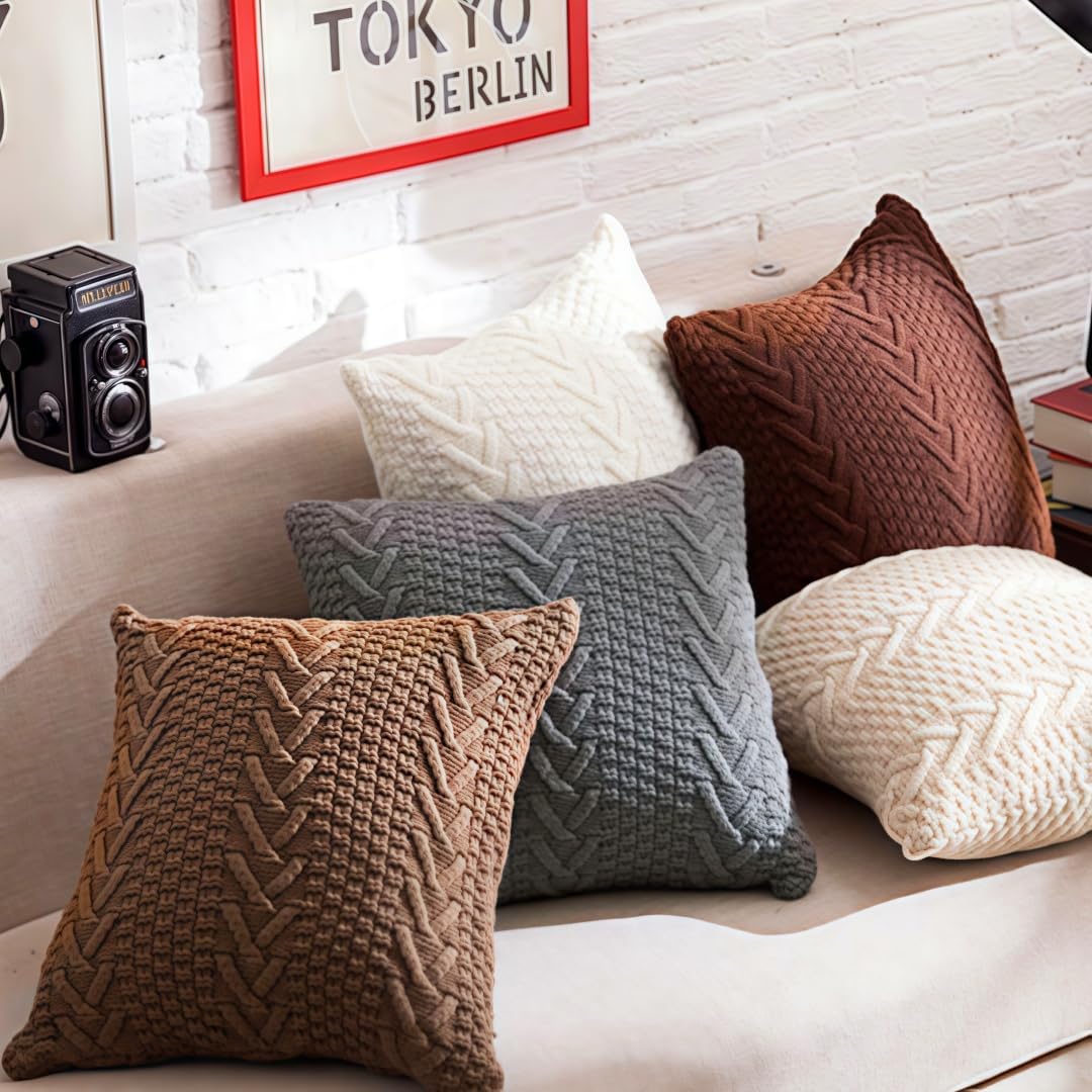 Decorative Cotton Knitted Pillow Case Double-Cable Warm Throw Pillow Cover for Bed Couch,Home Accent Decor 18" X 18"(Light Yellow,Cover Only)