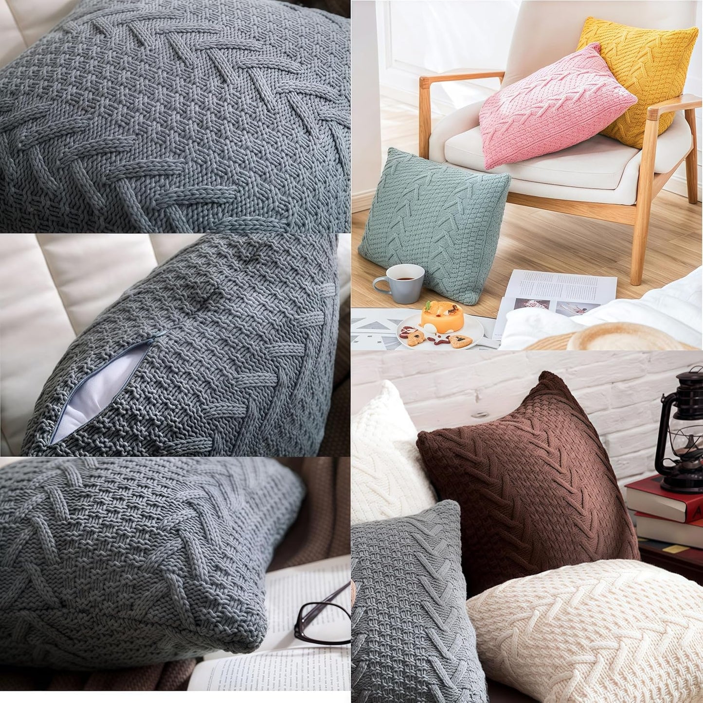 Decorative Cotton Knitted Pillow Case Double-Cable Warm Throw Pillow Cover for Bed Couch,Home Accent Decor 18" X 18"(Light Yellow,Cover Only)