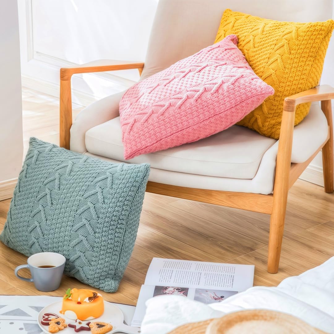 Decorative Cotton Knitted Pillow Case Double-Cable Warm Throw Pillow Cover for Bed Couch,Home Accent Decor 18" X 18"(Light Yellow,Cover Only)