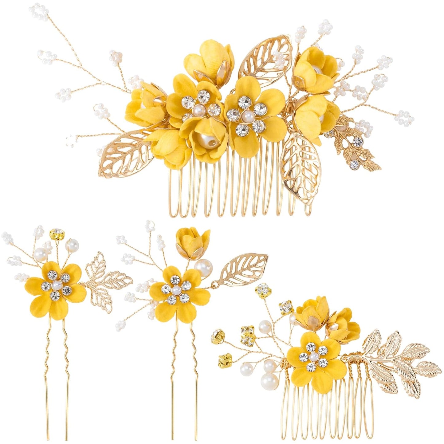 4pcs Camellia Flower Tassels Hairpin, 4 Sizes, Yellow | Alloy & Pearl & Microfiber Flower, Rhinestone, Chinese, Crystal, Retro, for Brides Women Wedding Hanfu