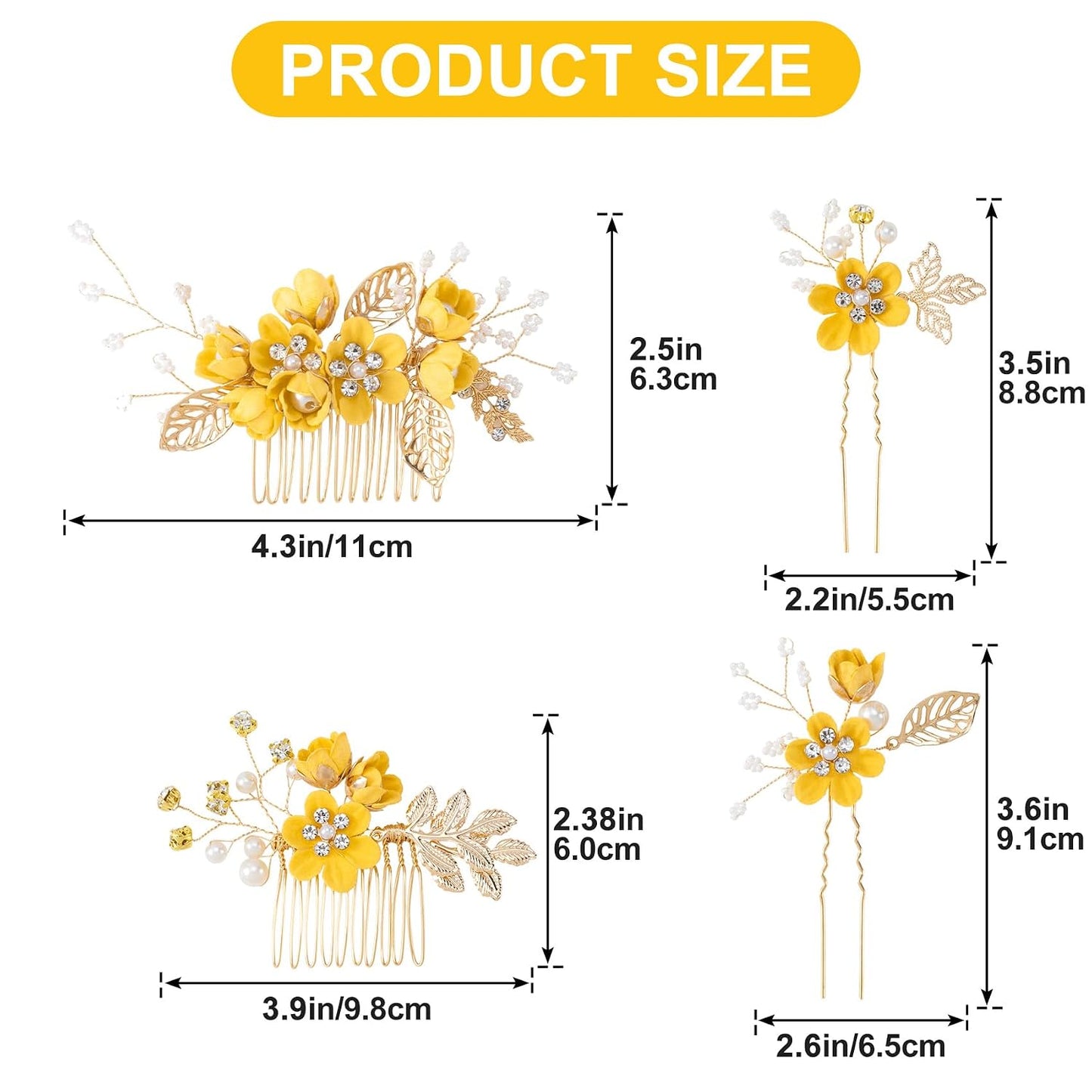 4pcs Camellia Flower Tassels Hairpin, 4 Sizes, Yellow | Alloy & Pearl & Microfiber Flower, Rhinestone, Chinese, Crystal, Retro, for Brides Women Wedding Hanfu