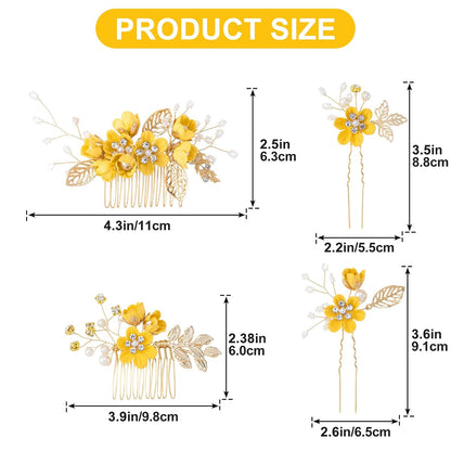 4pcs Camellia Flower Tassels Hairpin, 4 Sizes, Yellow | Alloy & Pearl & Microfiber Flower, Rhinestone, Chinese, Crystal, Retro, for Brides Women Wedding Hanfu