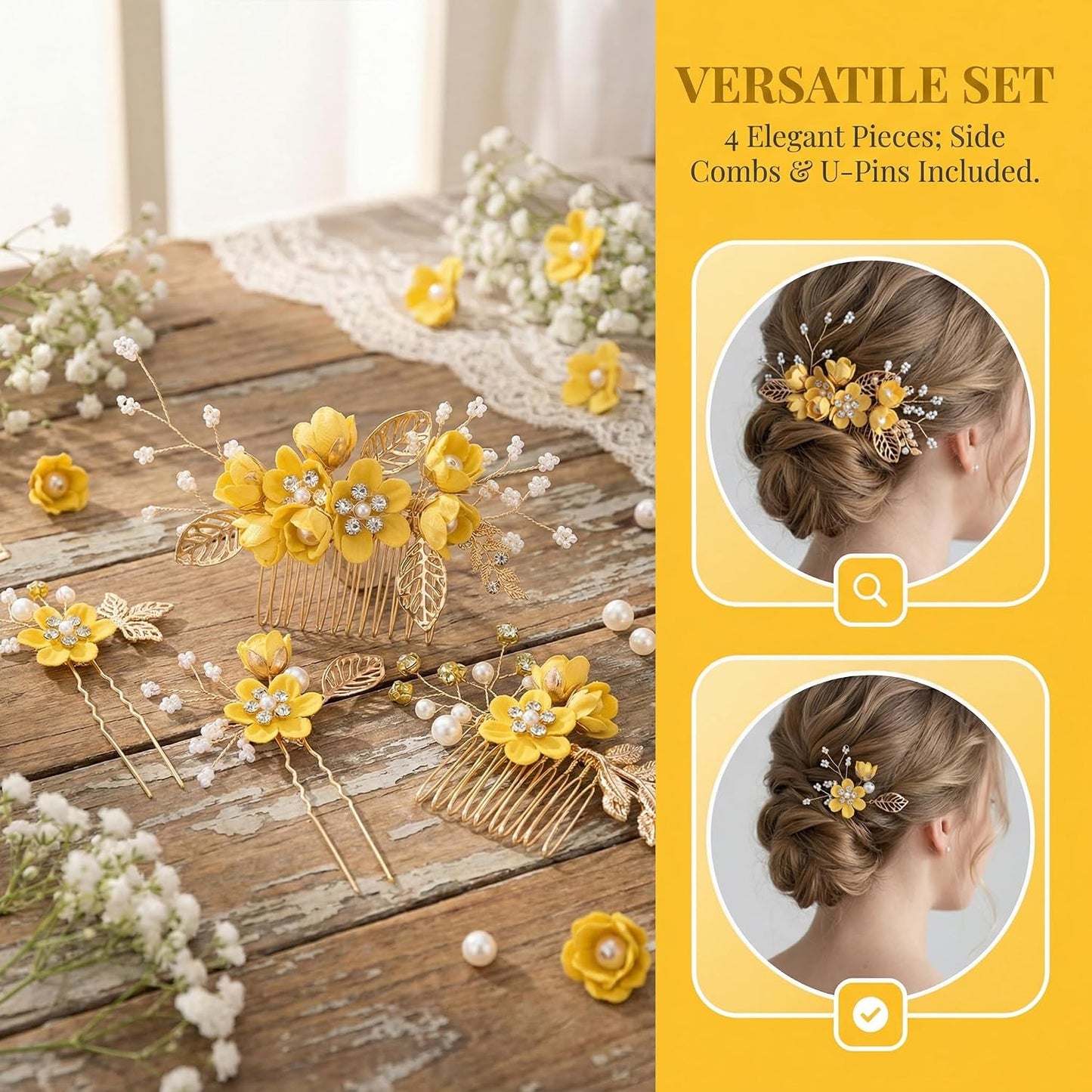 4pcs Camellia Flower Tassels Hairpin, 4 Sizes, Yellow | Alloy & Pearl & Microfiber Flower, Rhinestone, Chinese, Crystal, Retro, for Brides Women Wedding Hanfu