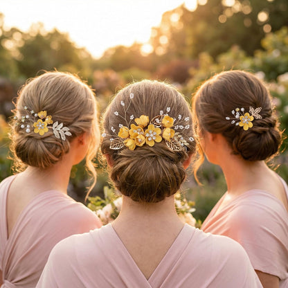 4pcs Camellia Flower Tassels Hairpin, 4 Sizes, Yellow | Alloy & Pearl & Microfiber Flower, Rhinestone, Chinese, Crystal, Retro, for Brides Women Wedding Hanfu