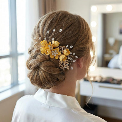 4pcs Camellia Flower Tassels Hairpin, 4 Sizes, Yellow | Alloy & Pearl & Microfiber Flower, Rhinestone, Chinese, Crystal, Retro, for Brides Women Wedding Hanfu