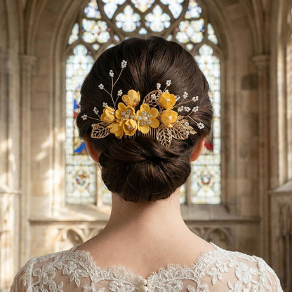 4pcs Camellia Flower Tassels Hairpin, 4 Sizes, Yellow | Alloy & Pearl & Microfiber Flower, Rhinestone, Chinese, Crystal, Retro, for Brides Women Wedding Hanfu