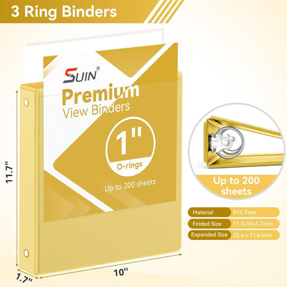 SUIN 1 Inch 3 Ring Binder, Clear 1'' View Presentation Binders with 2 Pockets, Fits 8.5 x 11 Letter Size, Durable Polypropylene, Non-Stick & PVC-Free for School, Office & Home (Yellow)