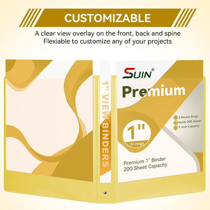 SUIN 1 Inch 3 Ring Binder, Clear 1'' View Presentation Binders with 2 Pockets, Fits 8.5 x 11 Letter Size, Durable Polypropylene, Non-Stick & PVC-Free for School, Office & Home (Yellow)