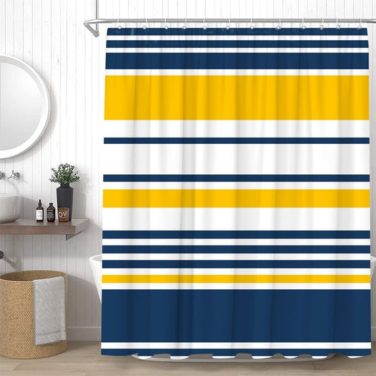 Navy Blue and Yellow Striped Shower Curtain Horizontal Stripe Minimalist Modern Vintage Classic Bathroom Decor Curtains Set with Hooks, 70" W x 70" H