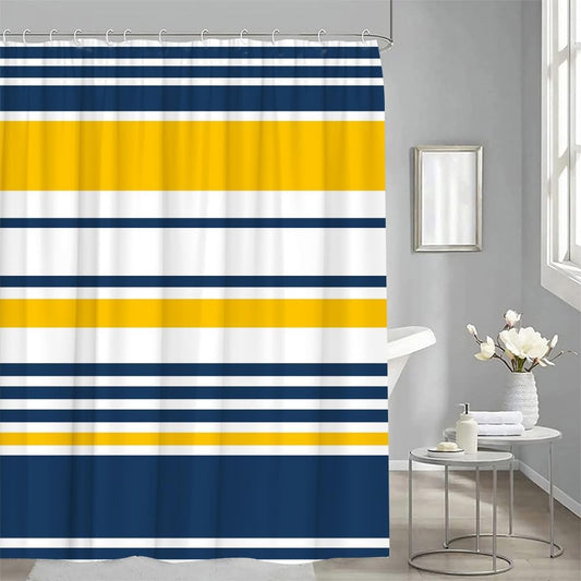 Navy Blue and Yellow Striped Shower Curtain Horizontal Stripe Minimalist Modern Vintage Classic Bathroom Decor Curtains Set with Hooks, 70" W x 70" H