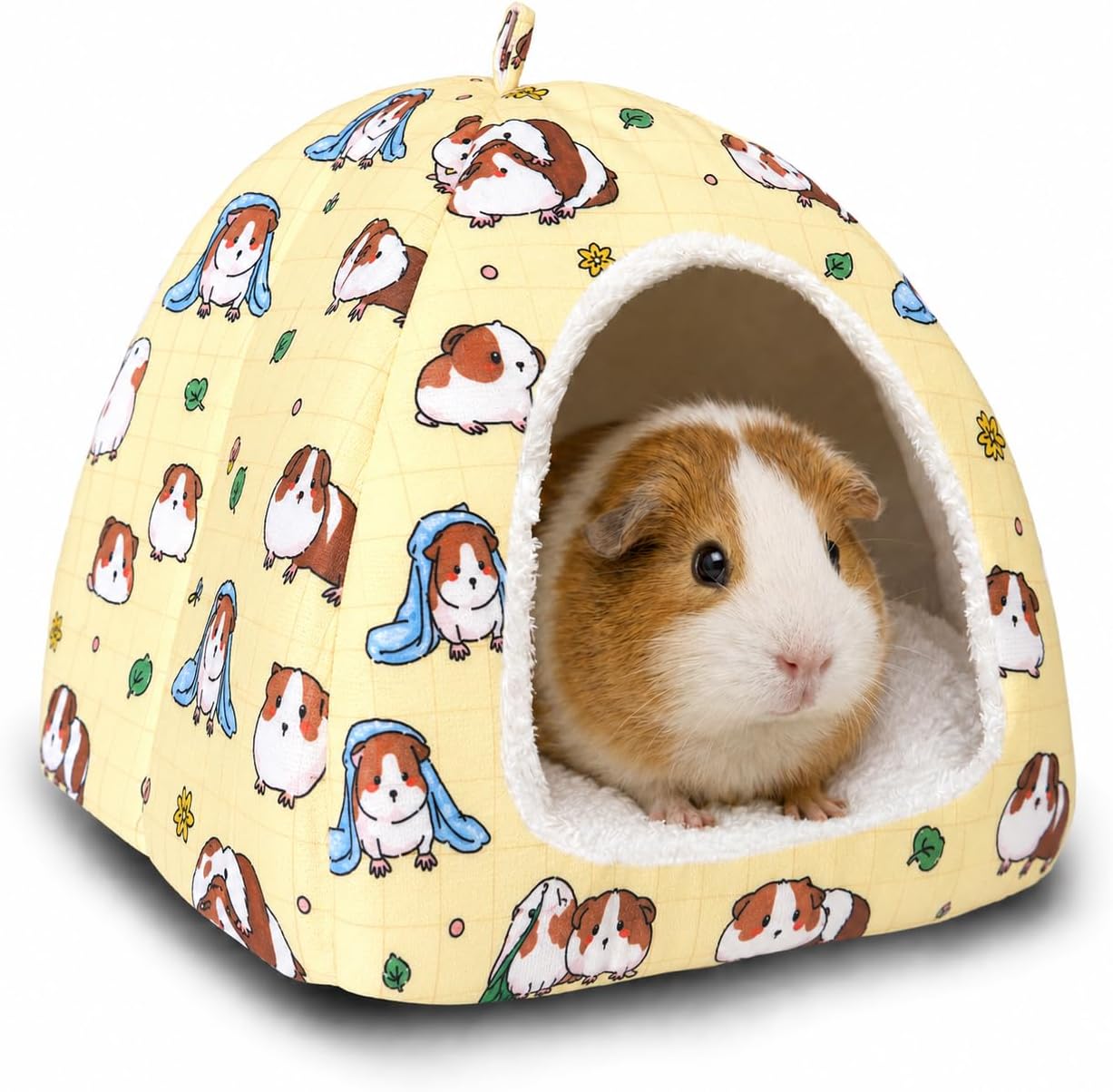 Guinea Pig Hideout Bed 11.8-Inch Cube - Cozy Small Animal House for Guinea Pigs, Chew-Proof Hideaway with Ventilation (Yellow, Adorable Guinea Pig Print)