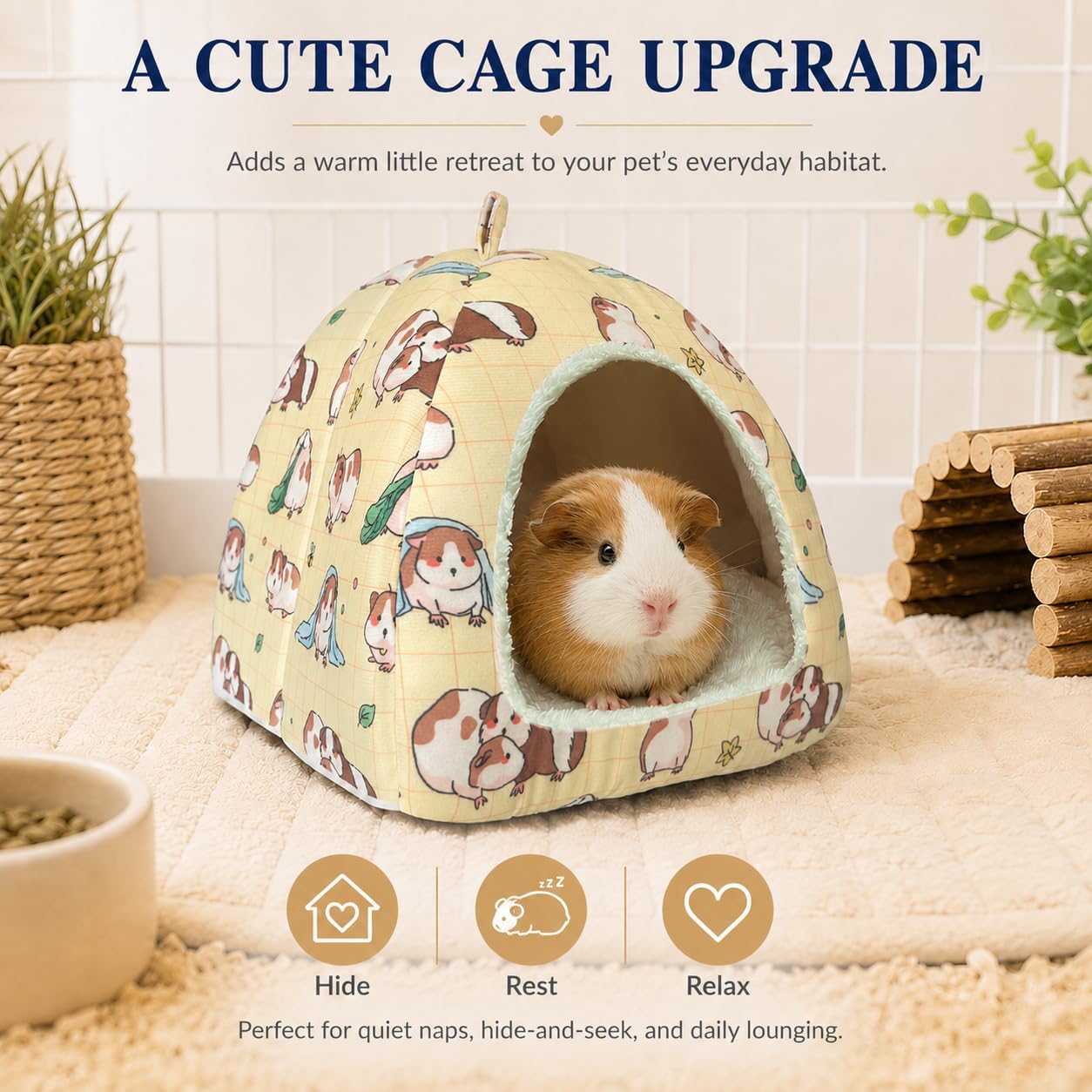 Guinea Pig Hideout Bed 11.8-Inch Cube - Cozy Small Animal House for Guinea Pigs, Chew-Proof Hideaway with Ventilation (Yellow, Adorable Guinea Pig Print)