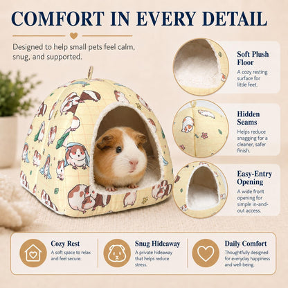 Guinea Pig Hideout Bed 11.8-Inch Cube - Cozy Small Animal House for Guinea Pigs, Chew-Proof Hideaway with Ventilation (Yellow, Adorable Guinea Pig Print)