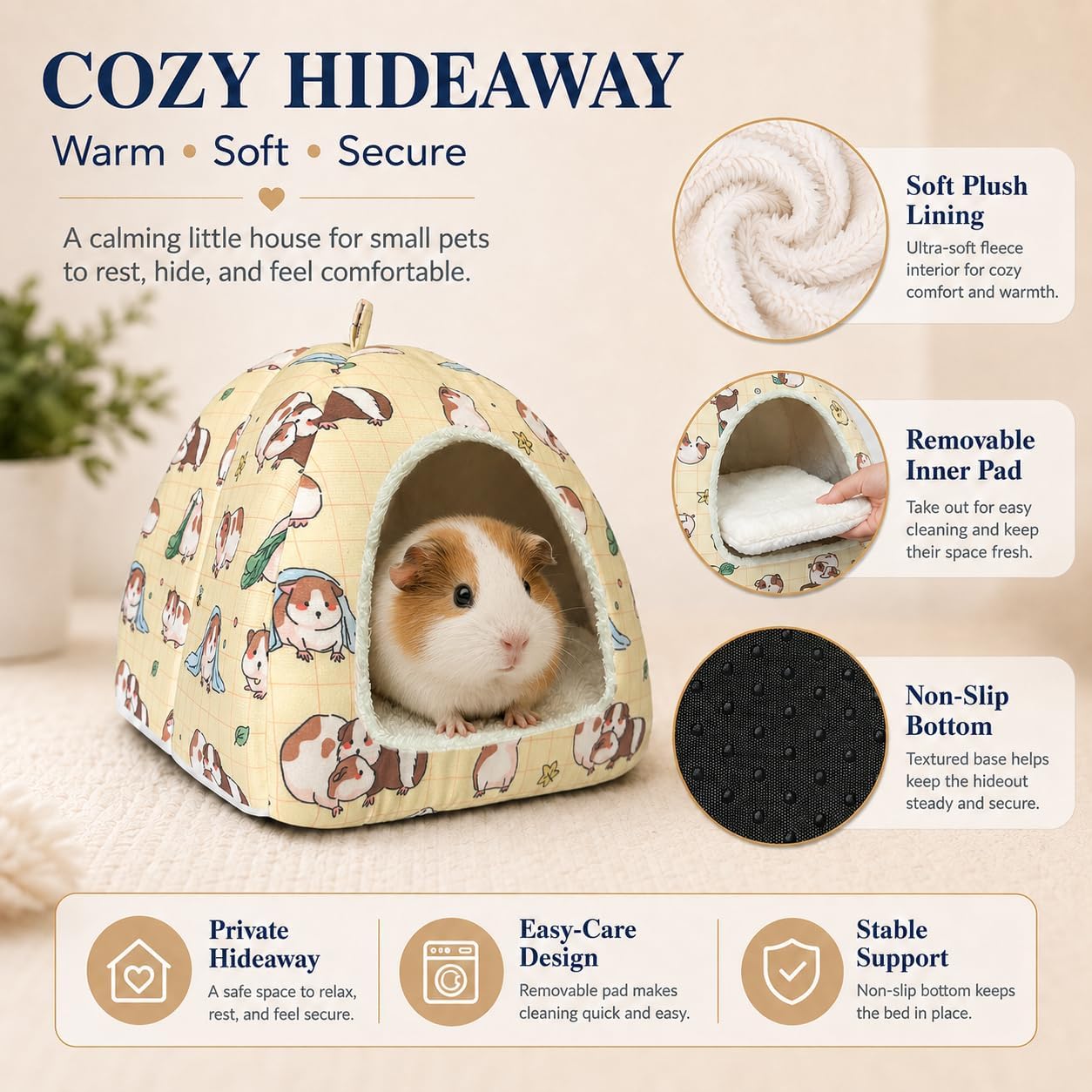 Guinea Pig Hideout Bed 11.8-Inch Cube - Cozy Small Animal House for Guinea Pigs, Chew-Proof Hideaway with Ventilation (Yellow, Adorable Guinea Pig Print)