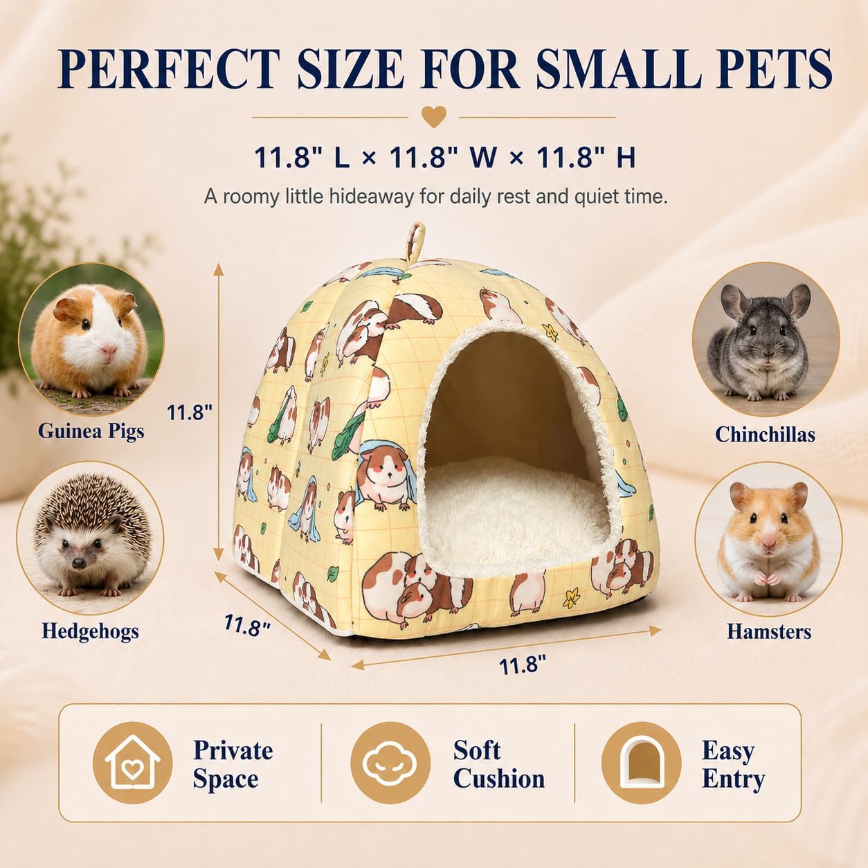Guinea Pig Hideout Bed 11.8-Inch Cube - Cozy Small Animal House for Guinea Pigs, Chew-Proof Hideaway with Ventilation (Yellow, Adorable Guinea Pig Print)