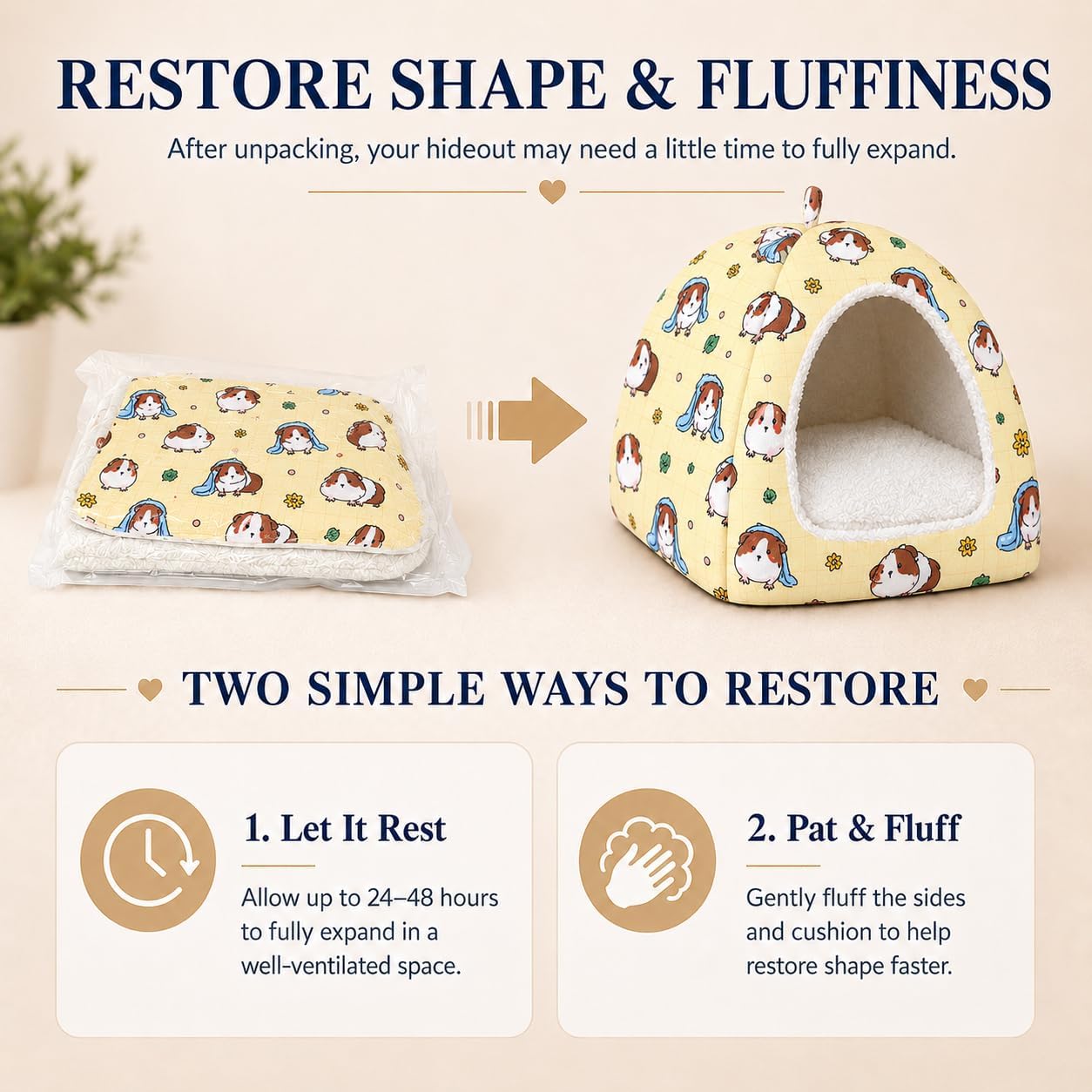 Guinea Pig Hideout Bed 11.8-Inch Cube - Cozy Small Animal House for Guinea Pigs, Chew-Proof Hideaway with Ventilation (Yellow, Adorable Guinea Pig Print)