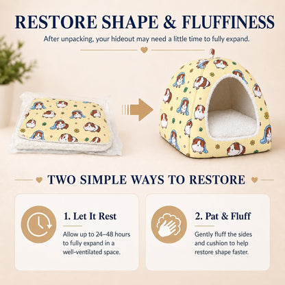 Guinea Pig Hideout Bed 11.8-Inch Cube - Cozy Small Animal House for Guinea Pigs, Chew-Proof Hideaway with Ventilation (Yellow, Adorable Guinea Pig Print)