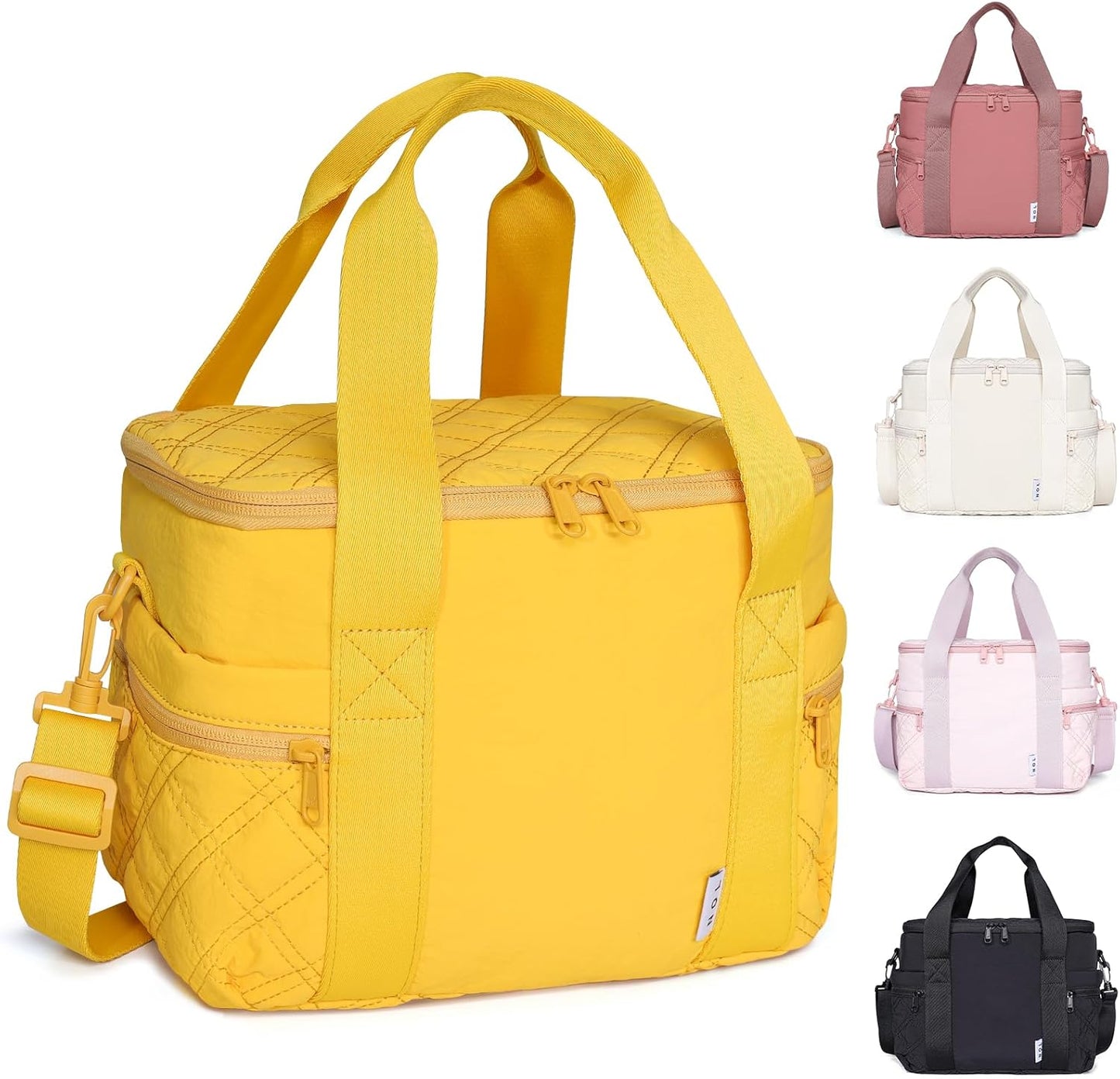 Women's Nylon Lunch Cooler Cute Quilted Lunch Bag Large Leakproof Insulated Lunch Tote Bag for Work Picnic Travel, Earth-yellow