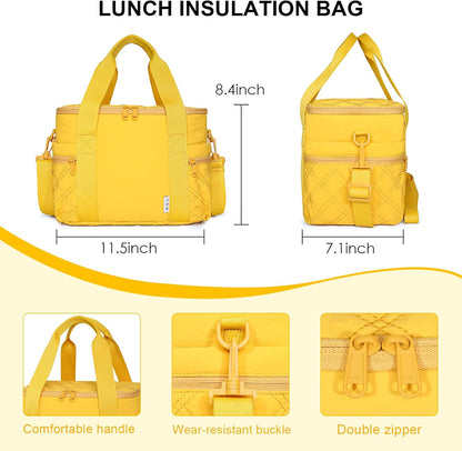 Women's Nylon Lunch Cooler Cute Quilted Lunch Bag Large Leakproof Insulated Lunch Tote Bag for Work Picnic Travel, Earth-yellow