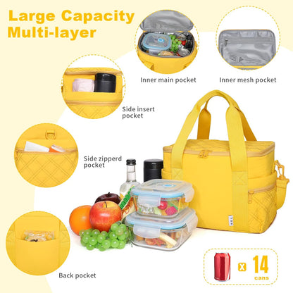 Women's Nylon Lunch Cooler Cute Quilted Lunch Bag Large Leakproof Insulated Lunch Tote Bag for Work Picnic Travel, Earth-yellow